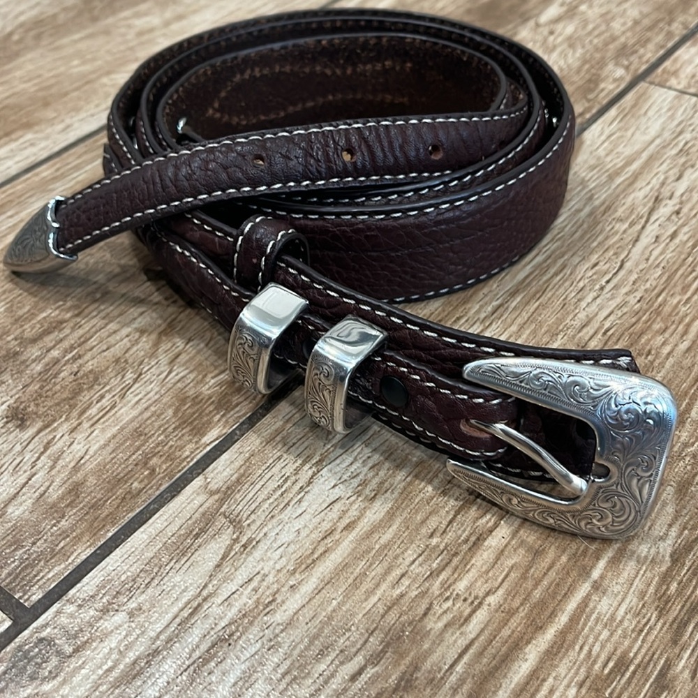 Y2K American Bison Men's Brown Leather Belt with Silver Buckle and Conchos 1996